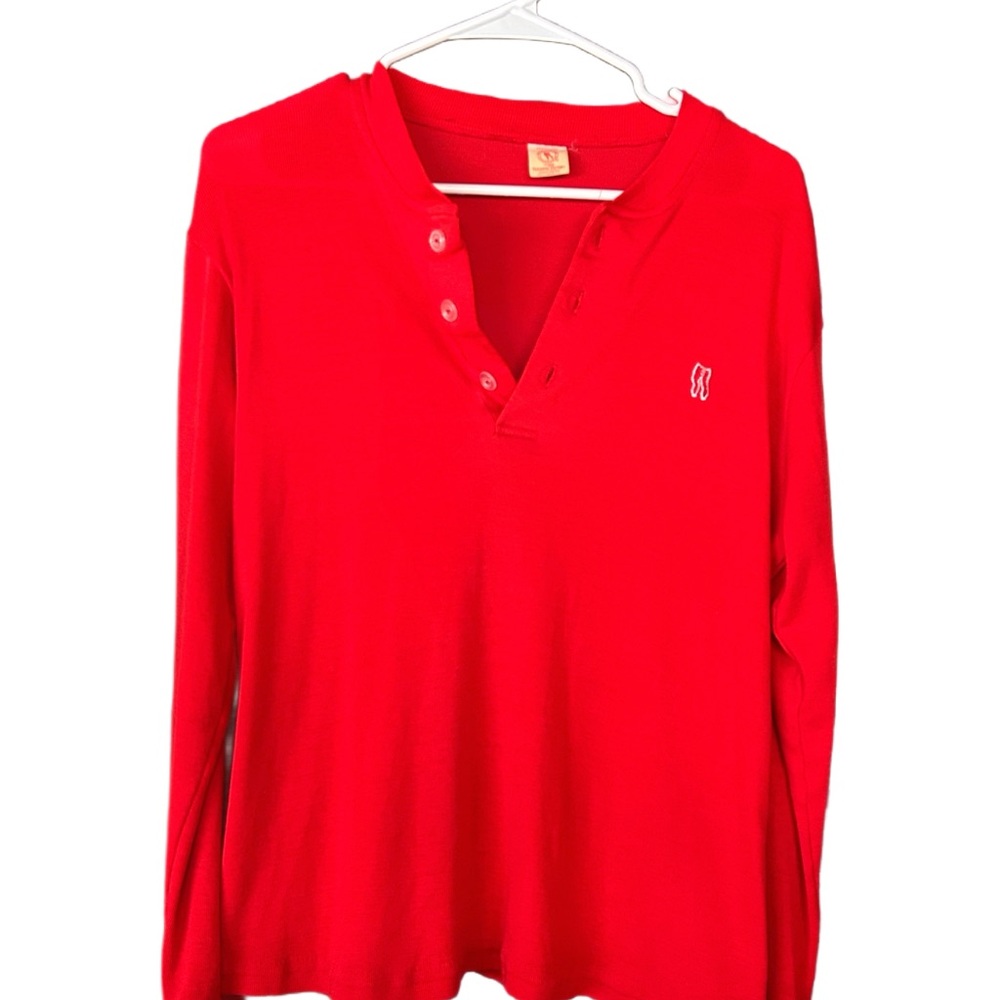 Vintage Soft Bright Red Henley The Red Flannel Factory Made in USA